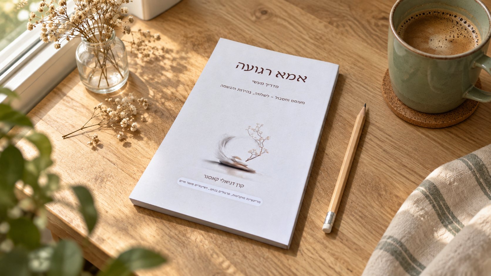 הספר אמא רגועה על שולחן עץ ליד חלון, עם עיפרון וכוס קפה